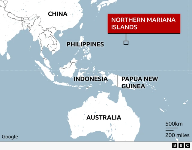 Map showing Northern Mariana Islands in relation to other countries in the Pacific.