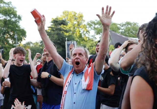 Austria fans celebrate after Austria's Marcel Sabitzer scores their third goal,