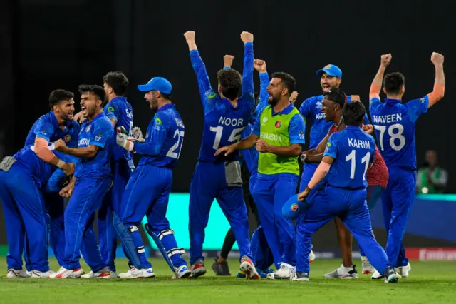 Afghanistan players celebrate win over Bangladesh