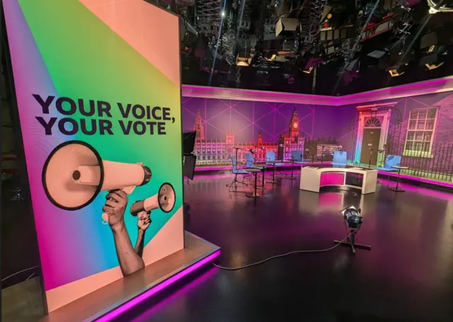 The debate studio, with Your Voice , Your Vote poster in the background and table and chairs in the background