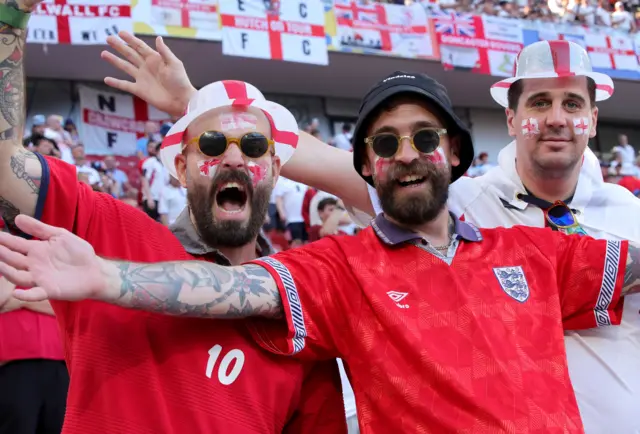 England fans pose for the camera inside the stadium