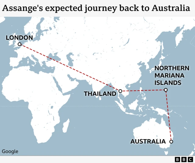 Map showing Julian Assange's route from the UK to Australia, via Thailand and the Northern Mariana Islands.