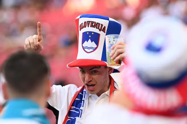 A Slovenian supporter is seen with a Slovenia hat on