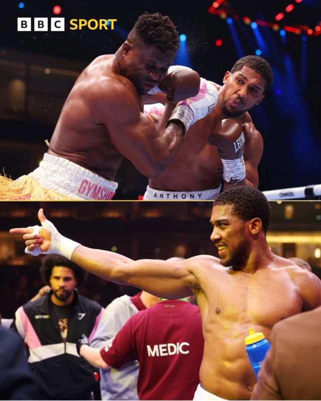 Split image of Anthony Joshua punching Francis Ngannou and celebrating the win