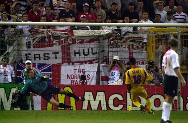 Ioan Ganea scores for Romania against England at Euro 2000