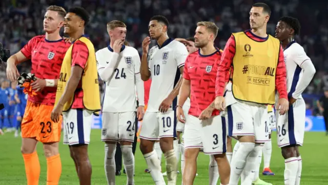 The players of England interact at full-time