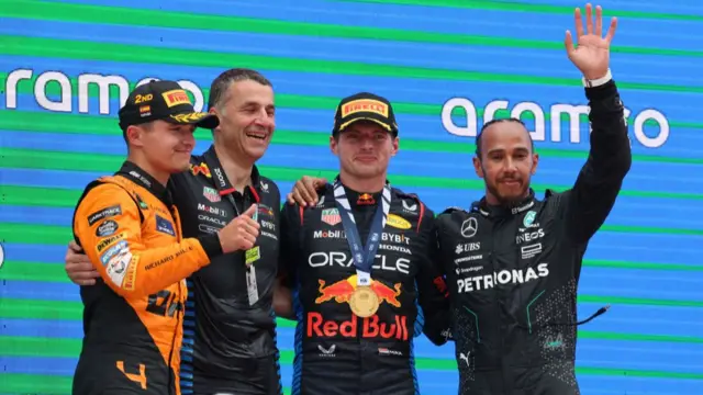 lando norris, max verstappen and lewis hamilton on podium