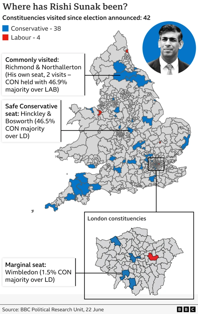 Areas visited by Rishi Sunak so far in this campaign