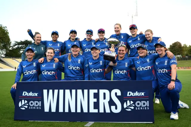 England's women cricketers celebrate their 2-1 ODI series win over New Zealand earlier this year