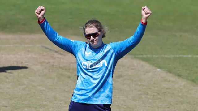 England's Charlie Dean celebrates a wicket