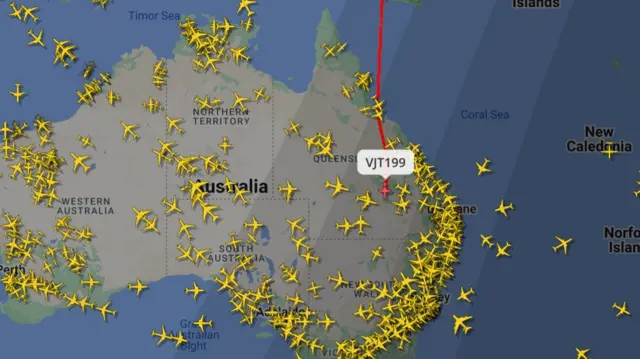 Flightradar24 screenshot showing plane flying over Australia