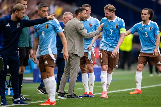 Head coach Domenico Tedesco of Belgium (C) gives instructions