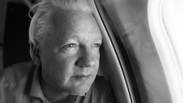 Black and white photo of Julian Assange looking out of plane window