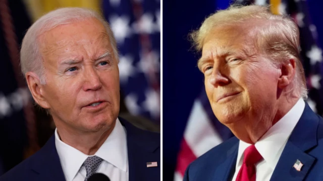 A split image of US President Joe Biden and former US President Donald Trump