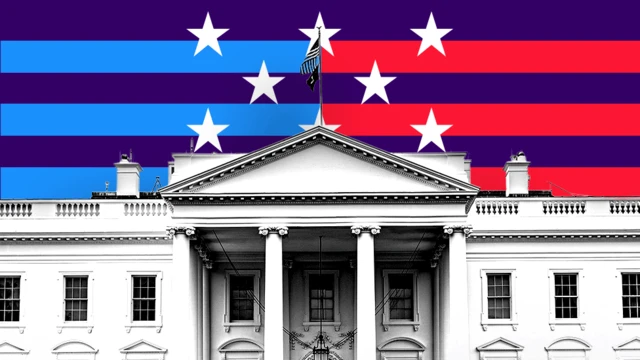 An illustration of the White House is seen over a backdrop of red, white, blue and purple stripes and stars.