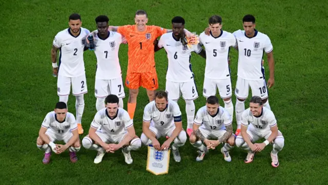 The England squad lined up for a picture before competing in Euro 2024.  The team are wearing all white with blue trimming