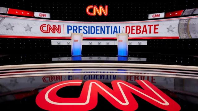 Stage for the first 2024 debate between President Joe Biden and former  President and Republican presidential candidate Donald Trump