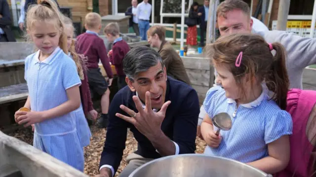 Sunak in a playground with primary school children