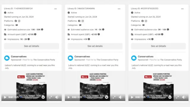 Three of the ads the Conservative Party placed on Facebook and Instagram are listed on Meta’s Ad Library. The listings include a short text message claiming Labour wants to introduce a “national ULEZ” and screenshots from videos asking viewers whether they would want that in their area.