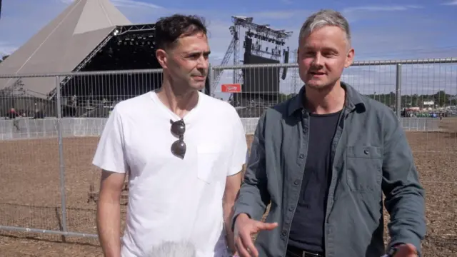 Keane's Tim Rice-Oxley and Tom Chaplin being interviewed before appearing on the Pyramid Stage on Saturday