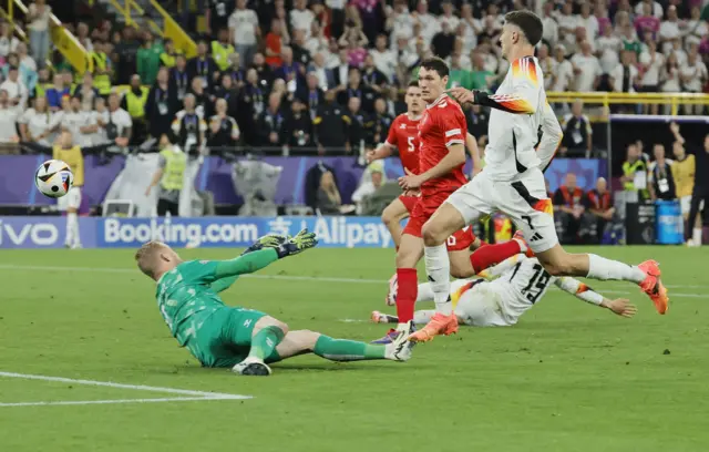 Denmark goalkeeper Kasper Schmeichel (L) and Kai Havertz of Germany