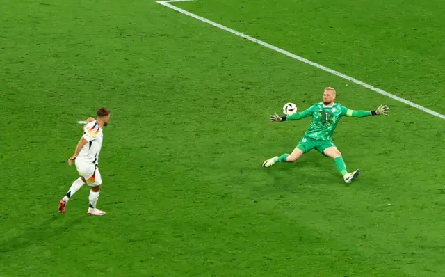 Germany's Niclas Fullkrug has his shot saved by Denmark's Kasper Schmeichel