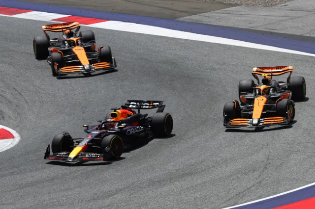 Oscar Piastri, Max Verstappen and Lando Norris on track in Spielberg