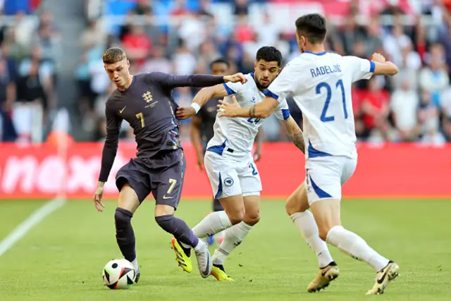 Cole Palmer of England battles for possession with Jusuf Gazibegovic