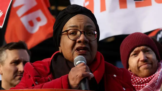 Labour MP Diane Abbott joins protesters outside the Amazon headquarters during Black Friday in London, Britain, November 24, 2023.