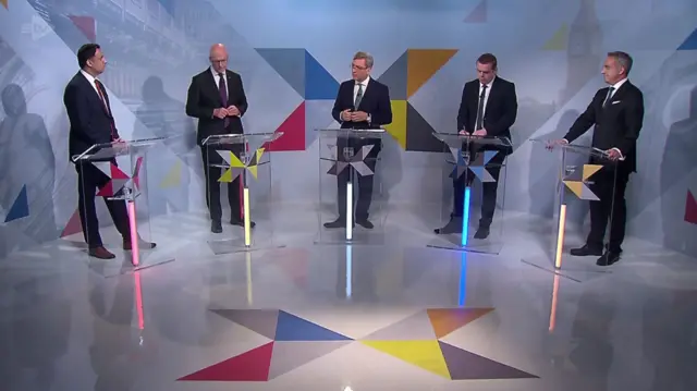 Scottish Labour leader Anas Sarwar, SNP leader John Swinney, Scottish Conservatives leader Douglas Ross and Scottish Lib Dems  Alex Cole-Hamilton pictured during STV debate.