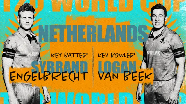 A graphic showing Sybrand Engelbrecht and Logan van Beek as the Netherlands' key batter and bowler at the Men's T20 World Cup