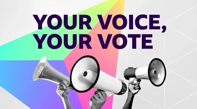 Your voice, your vote logo which shows three hands holding three megaphones