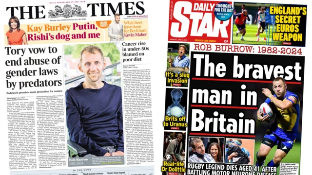 The headline in the Times reads: Tory vow to end abuse of gender laws by predators, and the headline in the Daily Star reads: The bravest man in Britain