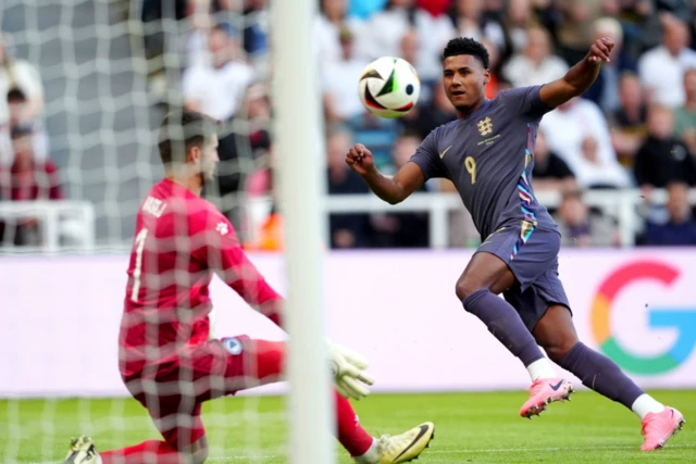 Ollie Watkins attempts a shot on goal