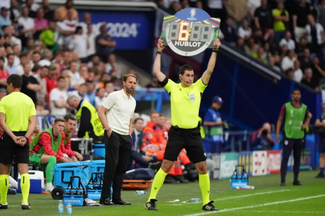 England manager Gareth Southgate on the touchline as six minutes of added time