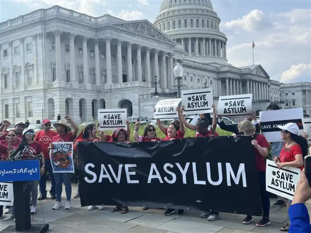 People hold a black sign that reads "Save Asylum"