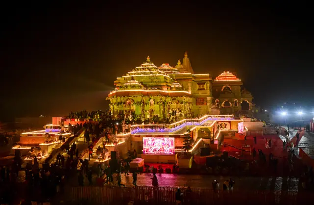 A general view of the Ram Mandir on the day of its consecration ceremony January 22, 2024 in Ayodhya, India.