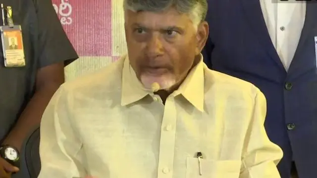 TDP chief N Chandrababu Naidu seen in yellow shirt at the press conference