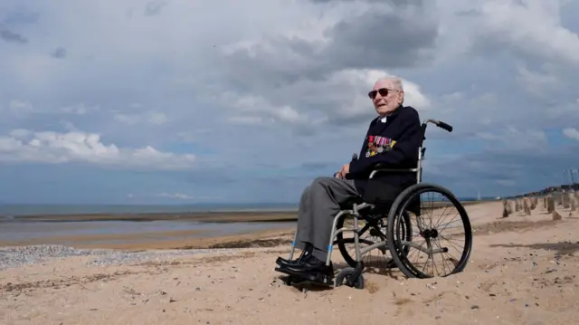 D-Day veteran Donald Jones on Sword Beach in Normandy on Tuesday