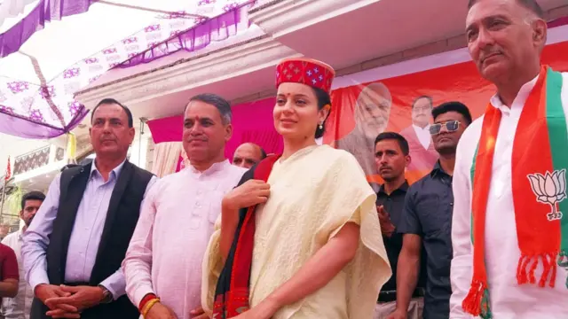 MANDI, INDIA - MAY 4: BJP candidate from Mandi Kangana Ranaut during election campaign in her native assembly segment Sarkaghat in Mandi district, on May 4, 2024 in Mandi , India. (Photo by Birbal Sharma/Hindustan Times via Getty Images)