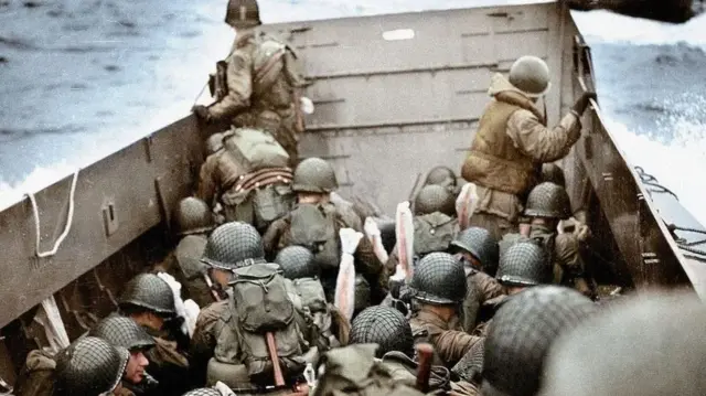 Soldiers crammed into open-top boat on D-Day