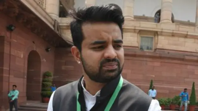 Prajwal Revanna seen outside the Indian parliament after attending the budget session in June 2019