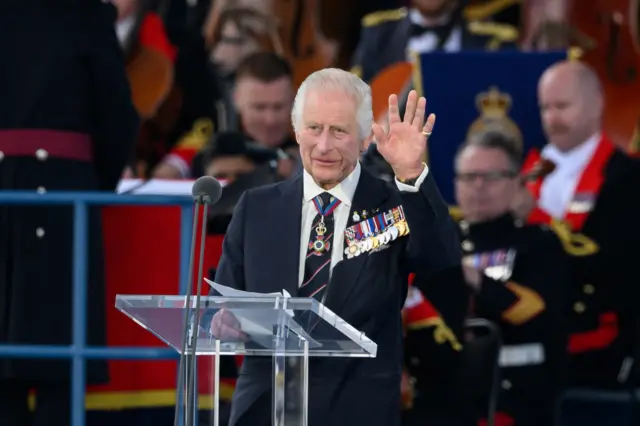 Britain's King Charles III addresses the audience during a D-Day 80th anniversary event in Portsmouth