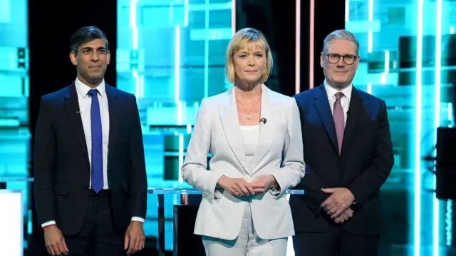 Prime Minister Rishi Sunak, host Julie Etchingham and Labour Party leader Sir Keir Starmer at the ITV debate