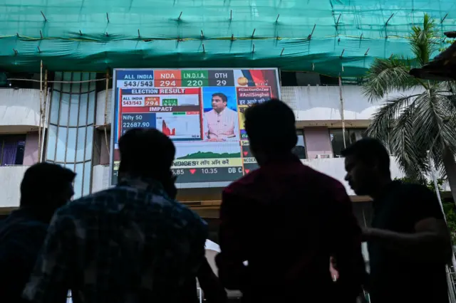 Pedestrians watch share prices on a digital broadcast outside the Bombay Stock Exchange (BSE) on the day of India's general election result in Mumbai on June 4, 2024.