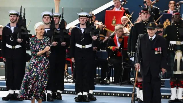 Dame Helen Mirren reacts next to D-Day veteran Roy Hayward, at the UK's national commemorative event for the 80th anniversary of D-Day, hosted by the Ministry of Defence on Southsea Common in Portsmouth, Hampshire. Picture date: Wednesday June 5, 2024.