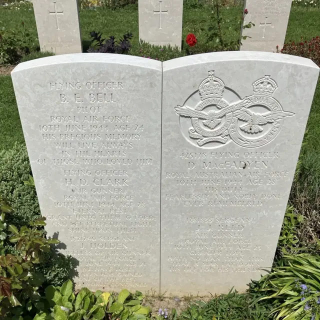 The grave of five airmen at the Bayeux War Cemetery