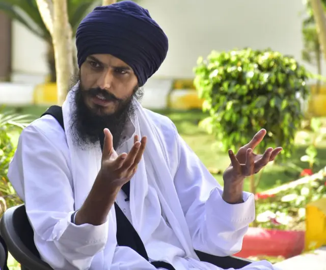 Waris Punjab De Chief Amritpal Singh responding to questions during an interview at village Jallupur Khera on March 2, 2023 in Amritsar, India.