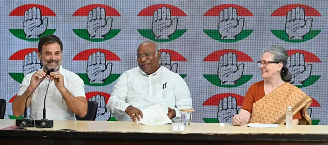 Congress Parliamentary Party (CPP) Chairperson Sonia Gandhi seen with party president Mallikarjun Kharge and party leader Rahul Gandhi at the party headquarters on 4 June in New Delhi