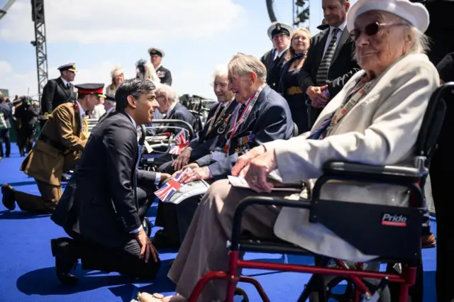 Prime Minister Rishi Sunak meets D-Day veterans after the UK's national commemorative event for the 80th anniversary of D-Day, hosted by the Ministry of Defence on Southsea Common in Portsmouth, Hampshire. Picture date: Wednesday June 5, 2024.